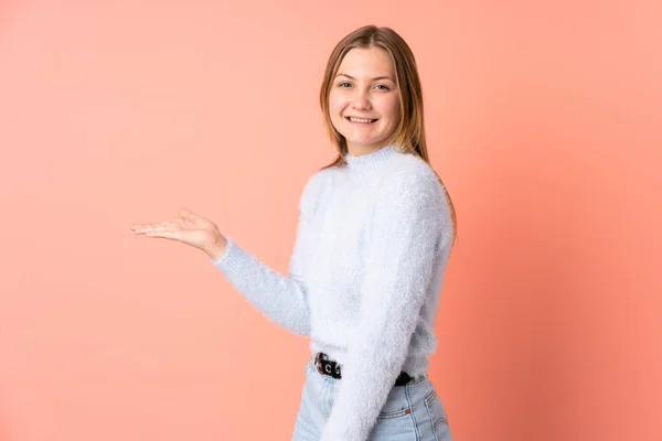 Teenager Ukrainian Girl Isolated Pink Background Presenting Idea While Looking — Stock Photo, Image