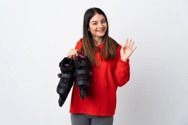 Giovane Pattinatrice Isolata Sfondo Bianco Che Saluta Con Mano Con — Foto Stock