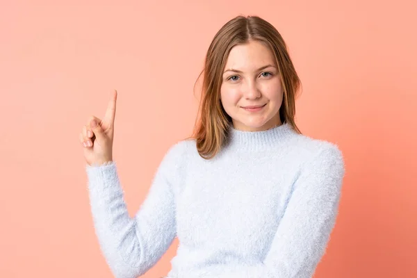 Подросток Украинская Девушка Изолированы Розовом Фоне Показывая Поднимая Палец Знак — стоковое фото