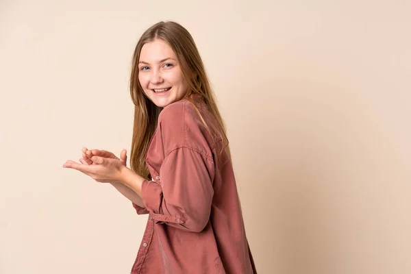 Teenager Ukrainian Girl Isolated Beige Background Applauding — Stock Photo, Image