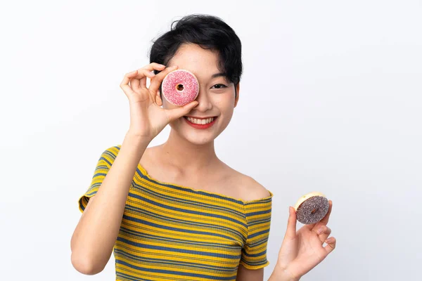Молодая Азиатка Пончиком Руках Счастливой — стоковое фото