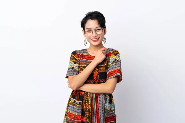Joven Chica Asiática Con Vestido Colorido Sobre Fondo Blanco Aislado —  Fotos de Stock