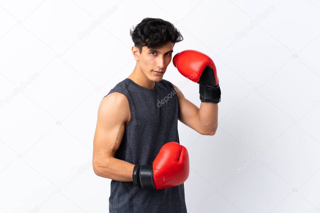 Young Argentinian sport man over isolated white background with boxing gloves