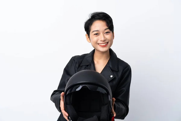 Joven Chica Asiática Con Casco Motocicleta Sobre Fondo Blanco Aislado — Foto de Stock