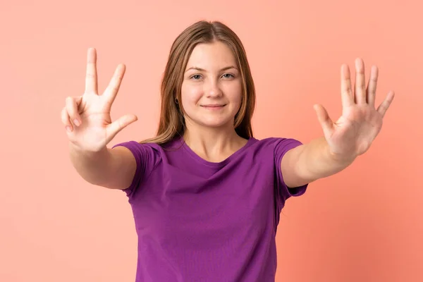 Adolescente Ucraniano Chica Aislado Rosa Fondo Contando Ocho Con Los — Foto de Stock