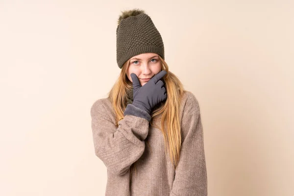 Teenager Ukrainian Girl Winter Hat Isolated Beige Background Thinking Idea — Stock Photo, Image