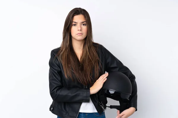 Mujer Joven Con Casco Motocicleta Sobre Fondo Blanco Aislado Triste —  Fotos de Stock
