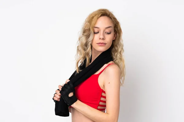 Ung Blond Kvinna Isolerad Vit Bakgrund Med Sport Handduk — Stockfoto