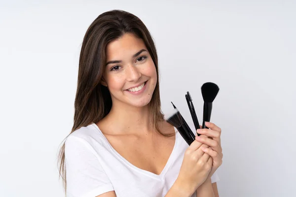 Tonårstjej Över Isolerad Bakgrund Håller Makeup Borste Och Whit Glad — Stockfoto