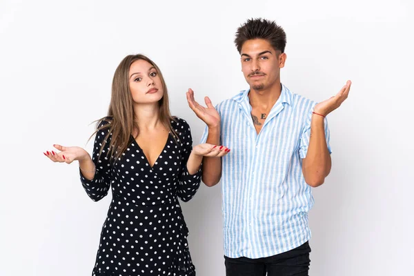 Young Caucasian Couple Isolated White Background Having Doubts Confuse Face — Stock Photo, Image