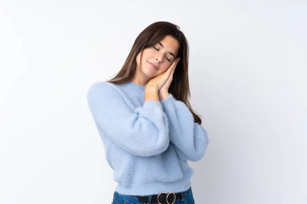 Tonårstjej Över Isolerad Vit Bakgrund Gör Sömn Gest Sovsal Uttryck — Stockfoto