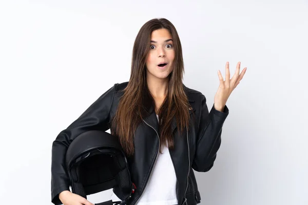 Jovem Com Capacete Motocicleta Sobre Fundo Branco Isolado Com Expressão — Fotografia de Stock