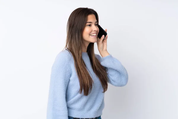 Adolescente Sur Fond Blanc Isolé Gardant Une Conversation Avec Téléphone — Photo