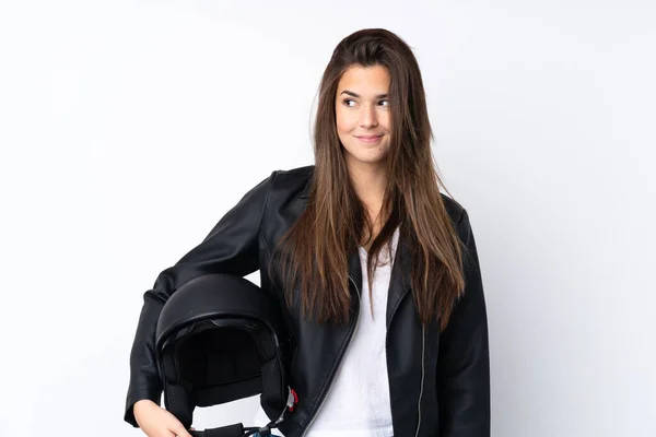 Giovane Donna Con Casco Moto Sopra Isolato Sfondo Bianco Piedi — Foto Stock