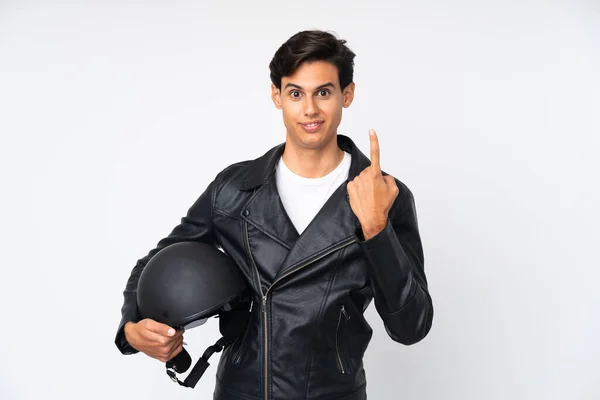 Homem Segurando Capacete Motocicleta Sobre Fundo Branco Isolado Apontando Com — Fotografia de Stock