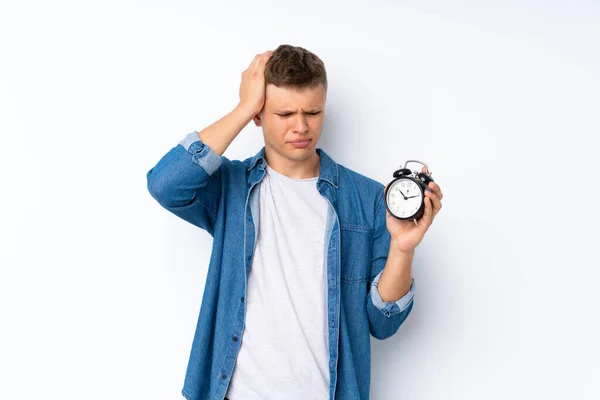 Young Handsome Man Isolated White Background Holding Vintage Alarm Clock — Stock Photo, Image