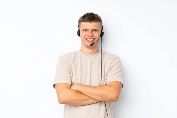 Jovem Homem Bonito Sobre Fundo Branco Isolado Trabalhando Com Fone — Fotografia de Stock