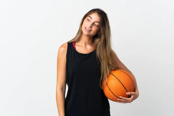 Joven Mujer Caucásica Aislada Sobre Fondo Blanco Jugando Baloncesto —  Fotos de Stock