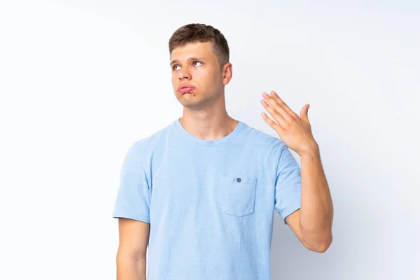 Jeune Homme Beau Sur Fond Blanc Isolé Avec Expression Fatiguée — Photo