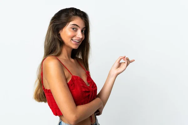 Jeune Femme Caucasienne Isolée Sur Fond Blanc Pointant Doigt Sur — Photo