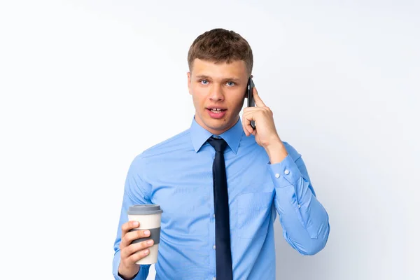 Jovem Empresário Bonito Sobre Fundo Branco Isolado — Fotografia de Stock