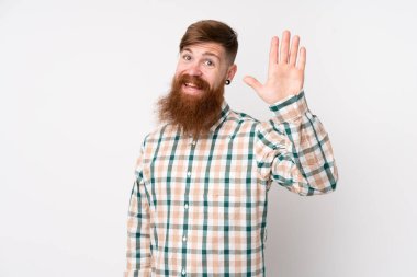 Kızıl saçlı, uzun sakallı, soyutlanmış beyaz arkaplanda mutlu bir ifadeyle selam veren bir adam.