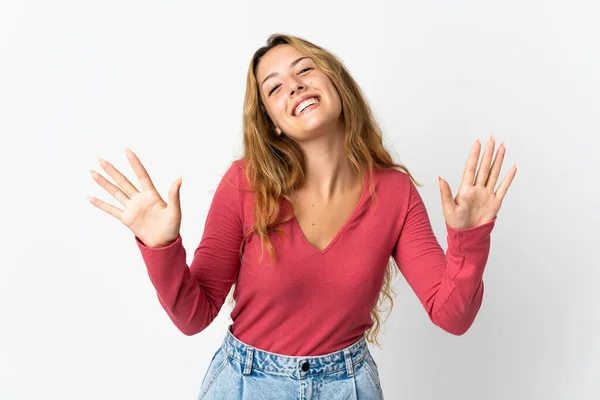 Ung Blond Kvinna Isolerad Blå Bakgrund Räkna Tio Med Fingrar — Stockfoto