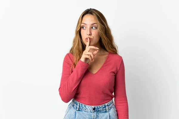Young Blonde Woman Isolated Blue Background Showing Sign Silence Gesture — Stock Photo, Image