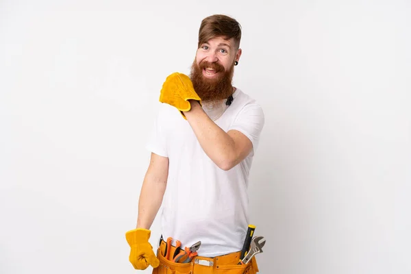 Redhead Elettricista Uomo Con Lunga Barba Sfondo Bianco Isolato Che — Foto Stock