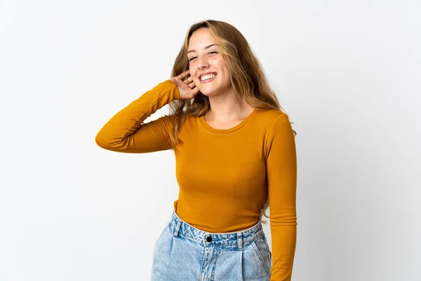 Jong Blond Vrouw Geïsoleerd Blauw Achtergrond Lachen — Stockfoto