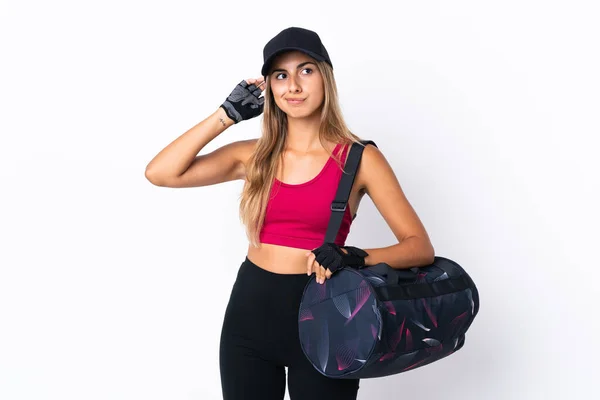 Young Sport Woman Sport Bag Isolated White Background Having Doubts — Stock Photo, Image