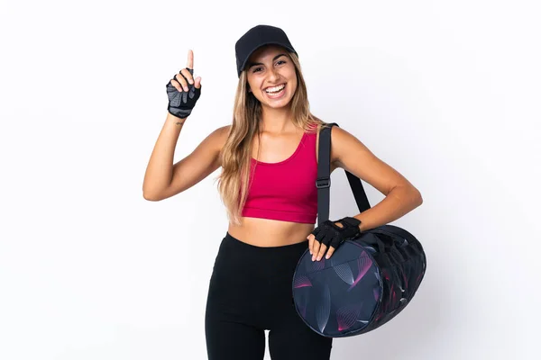 Mujer Deportiva Joven Con Bolsa Deporte Sobre Fondo Blanco Aislado —  Fotos de Stock