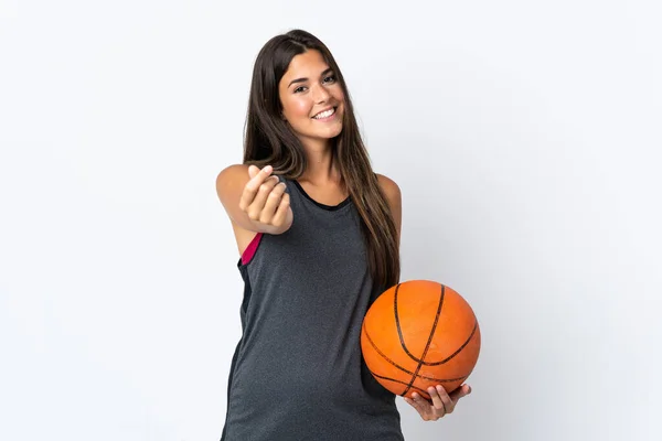 Joven Brasileña Jugando Baloncesto Aislada Sobre Fondo Blanco Haciendo Gesto —  Fotos de Stock