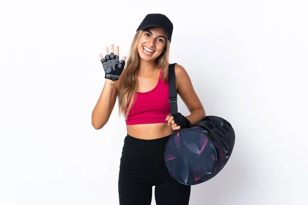 Jovem Mulher Esporte Com Saco Desporto Sobre Fundo Branco Isolado — Fotografia de Stock