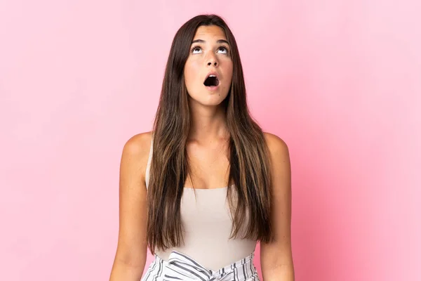 Young Brazilian Woman Isolated Pink Background Looking Surprised Expression — Stock Photo, Image