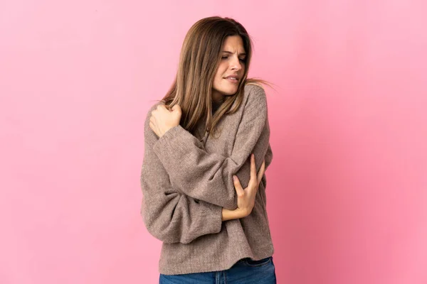 Young Slovak Woman Isolated Pink Background Pain Elbow — Φωτογραφία Αρχείου