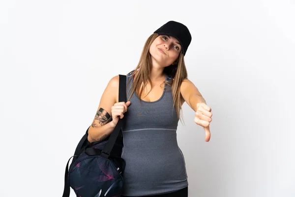 Young Sport Slovak Woman Sport Bag Isolated Background Showing Thumb — Stock Photo, Image