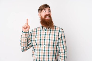 Uzun sakallı, soyutlanmış beyaz arka planı olan kızıl saçlı adam yukarı bakıyor ve şaşırıyor.