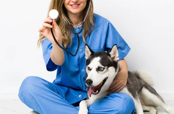 Médico Veterinário Clínica Veterinária Com Cão Husky Siberiano — Fotografia de Stock