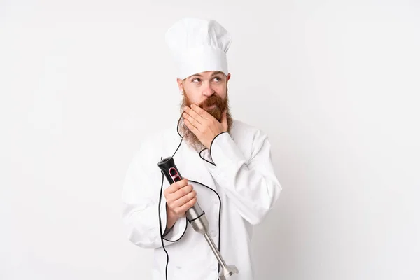 Redhead Man Using Hand Blender Isolated White Background Thinking Idea — Stock Photo, Image
