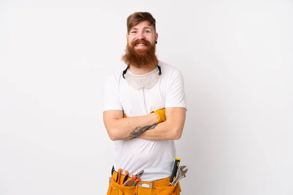 赤毛電気技師男とともに長いです髭で隔離された白い背景笑い — ストック写真