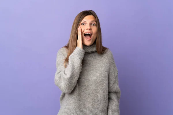 Young Slovak Woman Isolated Purple Background Surprise Shocked Facial Expression — Stock Photo, Image