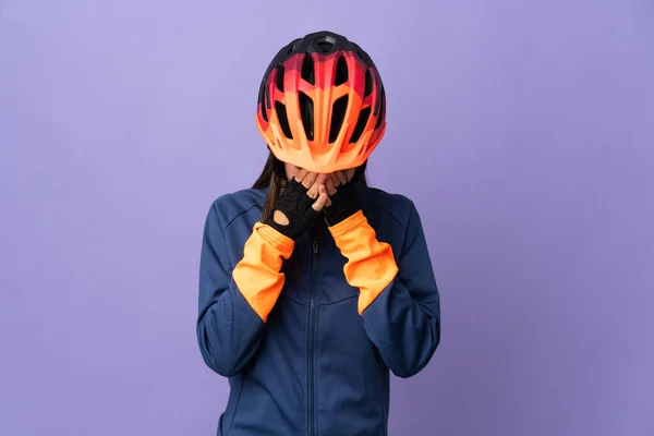 Menina Ciclista Adolescente Com Expressão Cansada Doente — Fotografia de Stock