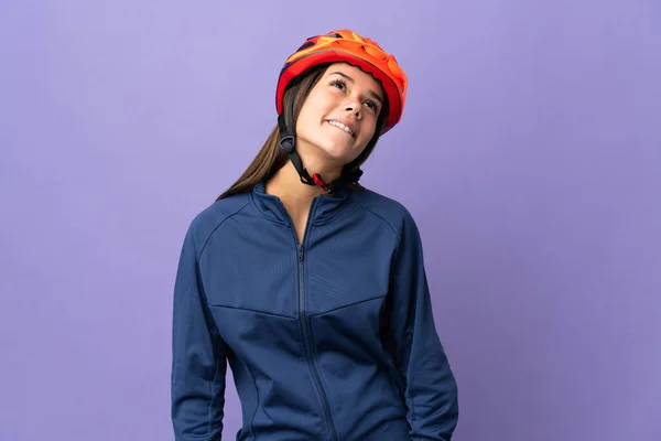 Adolescente Ciclista Chica Pensando Una Idea Mientras Mira Hacia Arriba —  Fotos de Stock