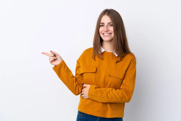 Jovem Mulher Sobre Isolado Branco Fundo Apontando Dedo Para Lado — Fotografia de Stock