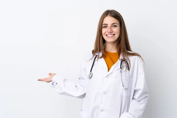 Young Woman Isolated Background Wearing Doctor Gown Presenting Something — Stock Photo, Image