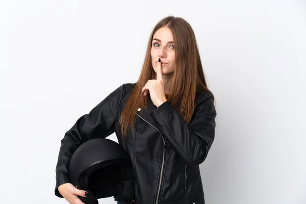 Mujer Con Casco Moto Haciendo Gesto Silencio —  Fotos de Stock