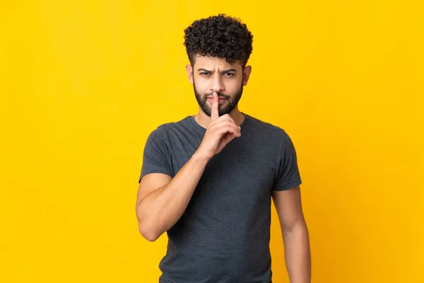 Young Moroccan Man Isolated Yellow Background Showing Sign Silence Gesture — Stock Photo, Image