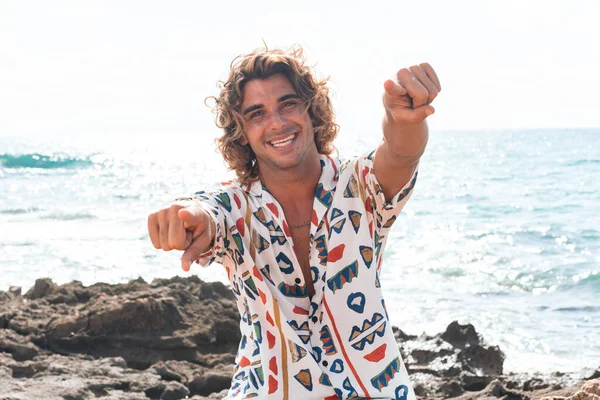 Young Man Beach Points Finger You While Smiling — Stock Photo, Image