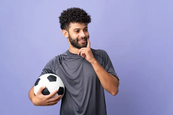 Handsome Moroccan Young Football Player Man Isolated Purple Background Thinking — Stock Photo, Image